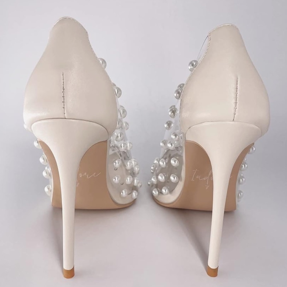 Women's Pumps 4inch (11cm) Pointed Toe High Heels Pearl Studded PVC Clear Heels - Picture 3 of 7